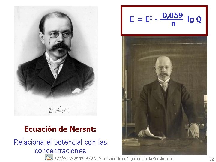 E = E 0 0, 059 lg Q n Ecuación de Nersnt: Relaciona el