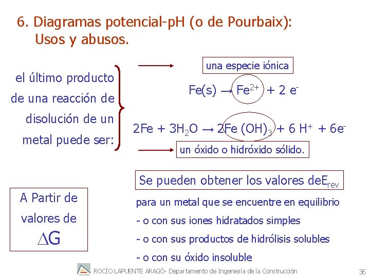 6. Diagramas potencial-p. H (o de Pourbaix): Usos y abusos. el último producto de