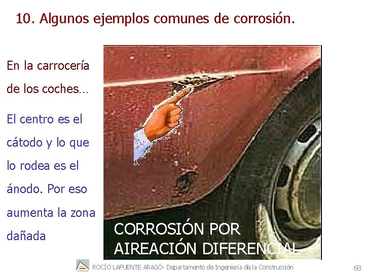 10. Algunos ejemplos comunes de corrosión. En la carrocería de los coches… El centro