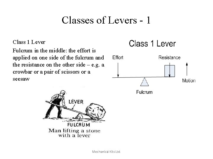 Classes of Levers - 1 Class 1 Lever Fulcrum in the middle: the effort