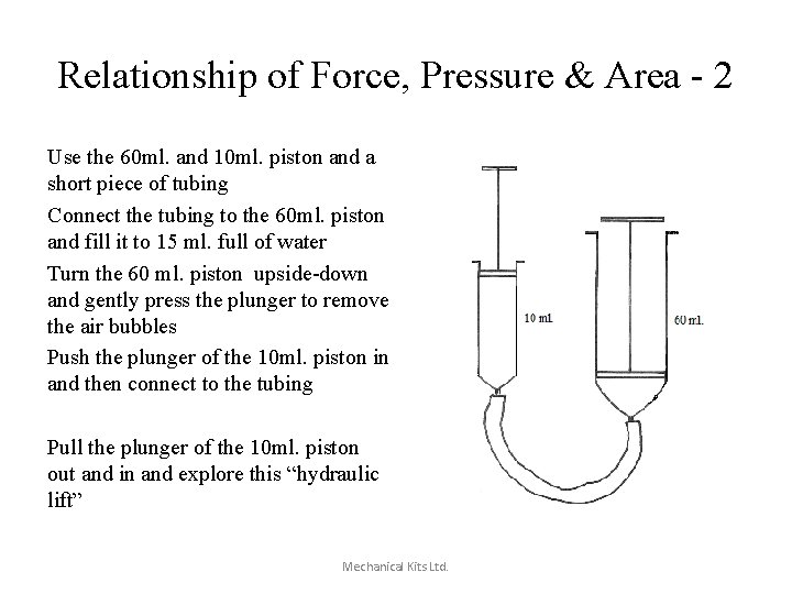 Relationship of Force, Pressure & Area - 2 Use the 60 ml. and 10