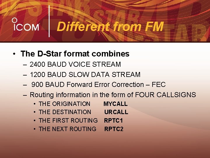Different from FM • The D-Star format combines – – 2400 BAUD VOICE STREAM