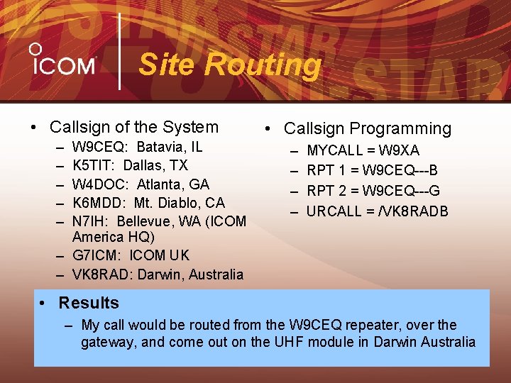 Site Routing • Callsign of the System – – – W 9 CEQ: Batavia,