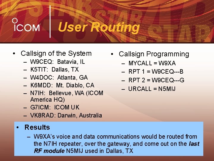 User Routing • Callsign of the System – – – W 9 CEQ: Batavia,