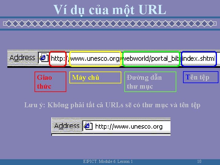 Ví dụ của một URL Giao thức Máy chủ Đường dẫn thư mục Tên Ví dụ của một URL Giao thức Máy chủ Đường dẫn thư mục Tên