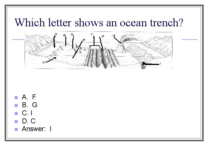 Which letter shows an ocean trench? n n n A. F B. G C.
