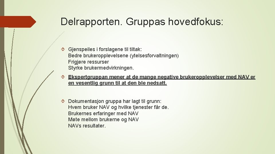 Delrapporten. Gruppas hovedfokus: Gjenspeiles i forslagene tiltak: Bedre brukeropplevelsene (ytelsesforvaltningen) Frigjøre ressurser Styrke brukermedvirkningen.