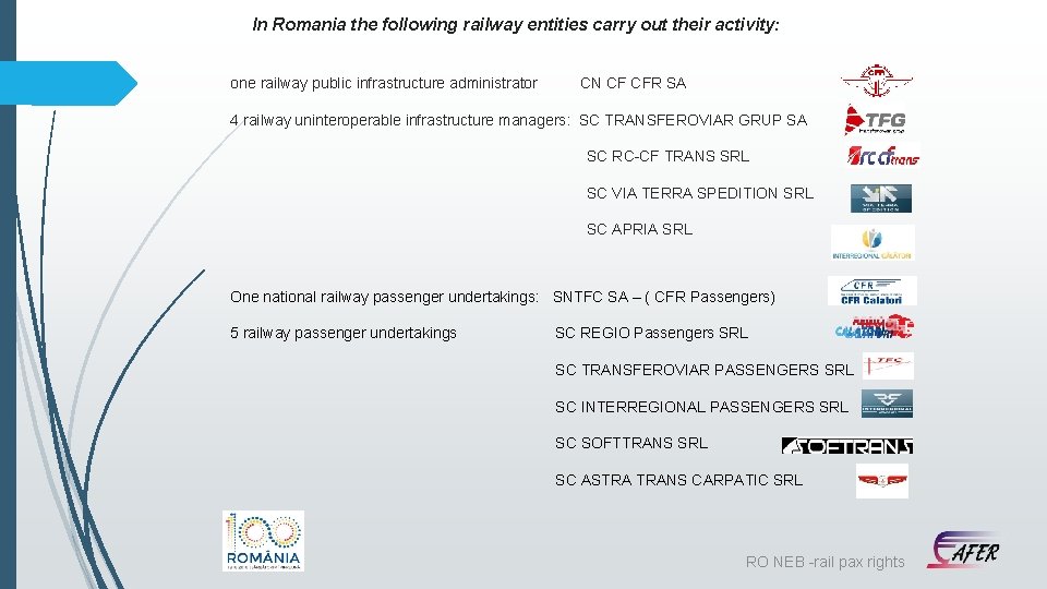  In Romania the following railway entities carry out their activity: one railway public