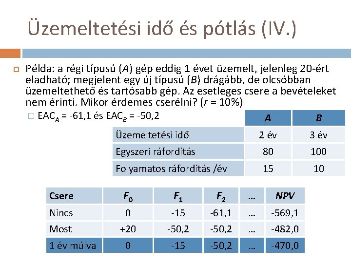 Üzemeltetési idő és pótlás (IV. ) Példa: a régi típusú (A) gép eddig 1