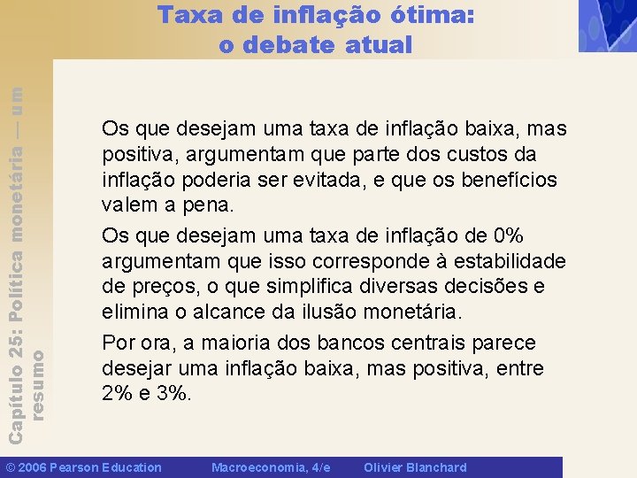 Capítulo 25: Política monetária — um resumo Taxa de inflação ótima: o debate atual