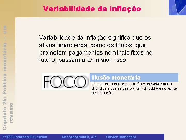 Capítulo 25: Política monetária — um resumo Variabilidade da inflação significa que os ativos