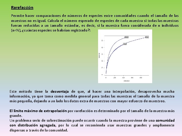 Rarefacción Permite hacer comparaciones de números de especies entre comunidades cuando el tamaño de