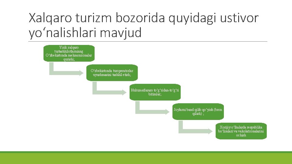 Xalqaro turizm bozorida quyidagi ustivor yo‘nalishlari mavjud Yirik xalqaro turtashkilotlarninng O‘zbekistonda mehmonxonalar qurishi; O‘zbekistonda