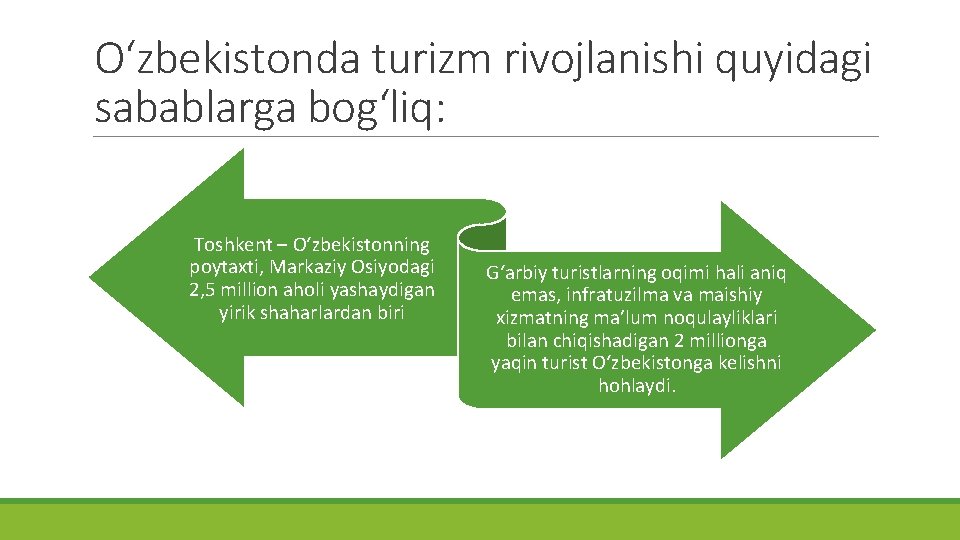 O‘zbekistonda turizm rivojlanishi quyidagi sabablarga bog‘liq: Toshkent – O‘zbekistonning poytaxti, Markaziy Osiyodagi 2, 5