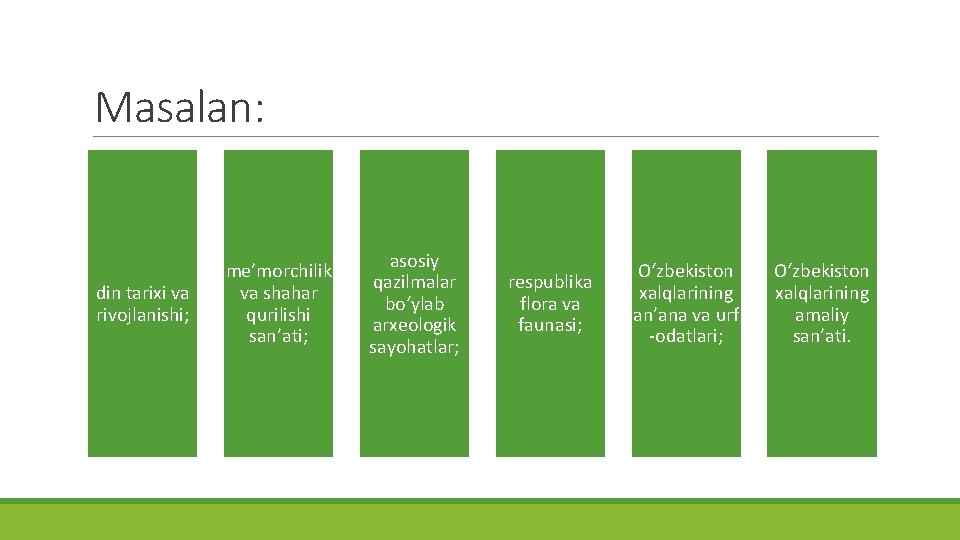 Masalan: din tarixi va rivojlanishi; me’morchilik va shahar qurilishi san’ati; asosiy qazilmalar bo‘ylab arxeologik