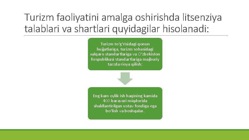 Turizm faoliyatini amalga oshirishda litsenziya talablari va shartlari quyidagilar hisolanadi: Turizm to‘g‘risidagi qonun hujjatlariga,