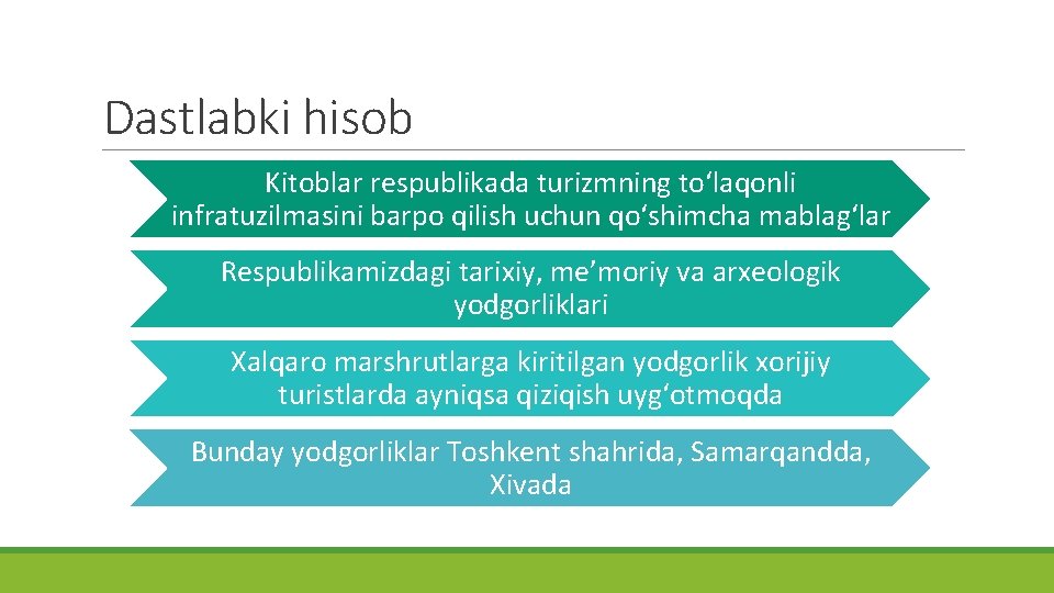 Dastlabki hisob Kitoblar respublikada turizmning to‘laqonli infratuzilmasini barpo qilish uchun qo‘shimcha mablag‘lar Respublikamizdagi tarixiy,