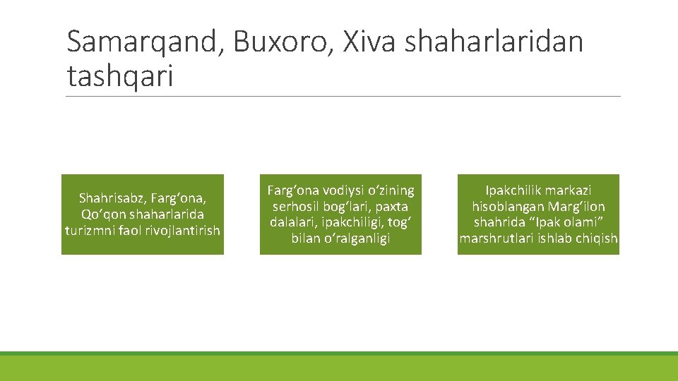 Samarqand, Buxoro, Xiva shaharlaridan tashqari Shahrisabz, Farg‘ona, Qo‘qon shaharlarida turizmni faol rivojlantirish Farg‘ona vodiysi