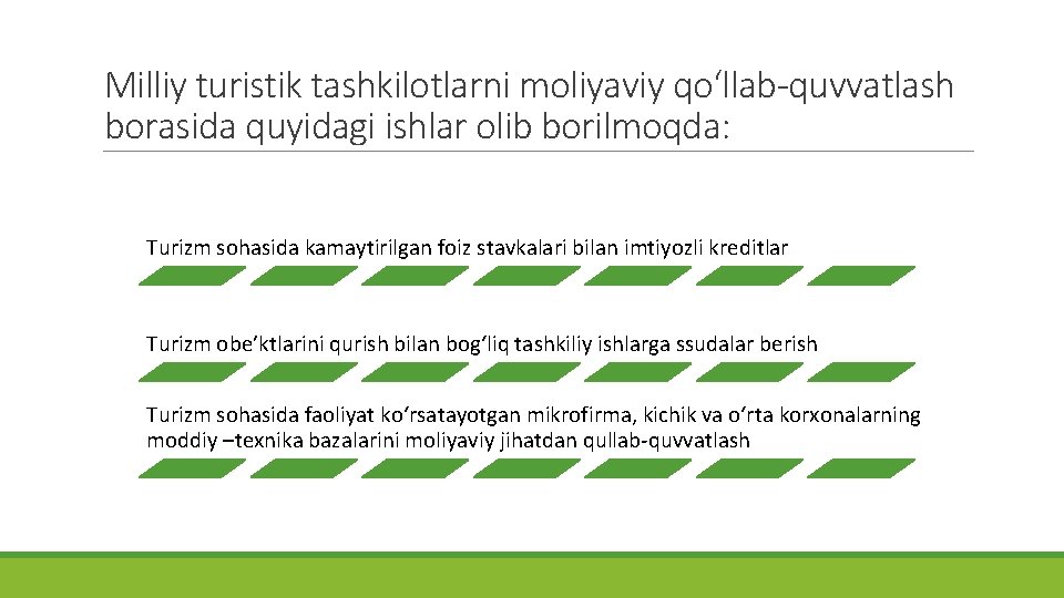 Milliy turistik tashkilotlarni moliyaviy qo‘llab-quvvatlash borasida quyidagi ishlar olib borilmoqda: Turizm sohasida kamaytirilgan foiz