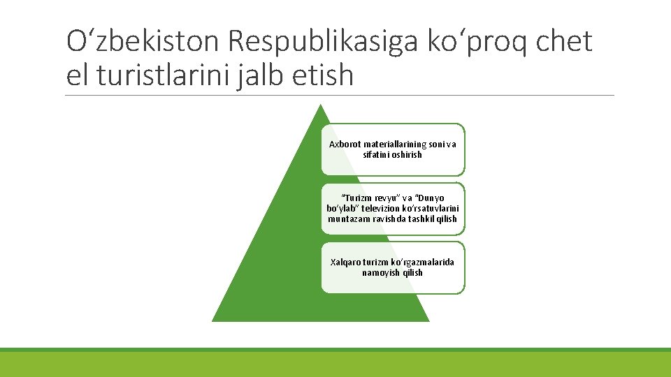 O‘zbekiston Respublikasiga ko‘proq chet el turistlarini jalb etish Axborot materiallarining soni va sifatini oshirish