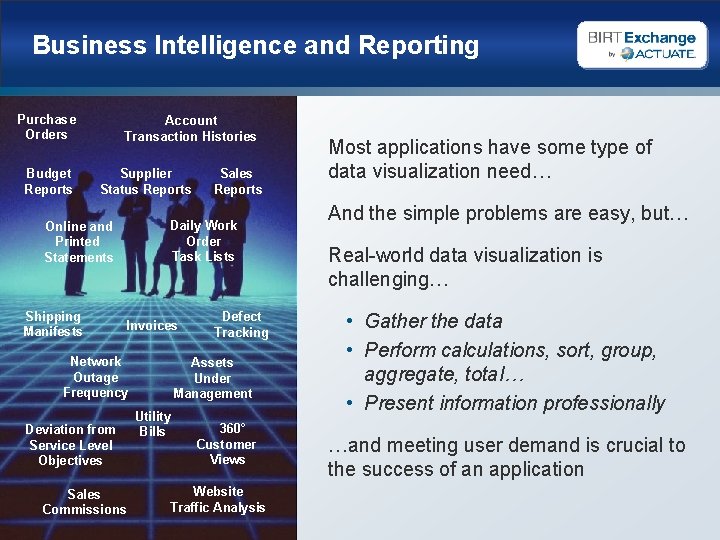 Business Intelligence and Reporting Purchase Orders Budget Reports Account Transaction Histories Supplier Status Reports