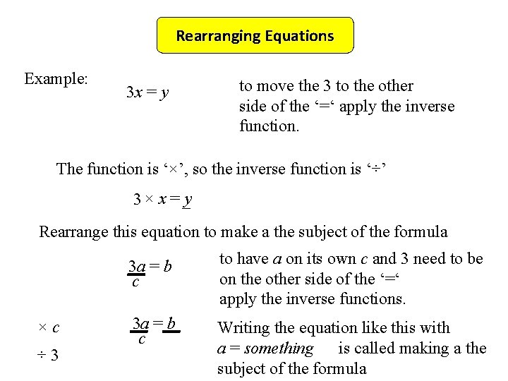 Rearranging Equations Example: 3 x = y to move the 3 to the other