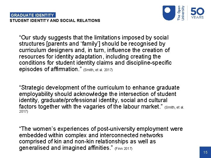 GRADUATE IDENTITY STUDENT IDENTITY AND SOCIAL RELATIONS “Our study suggests that the limitations imposed