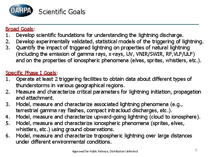 Scientific Goals Broad Goals: 1. Develop scientific foundations for understanding the lightning discharge. 2.