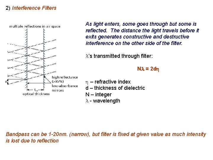 2) Interference Filters As light enters, some goes through but some is reflected. The