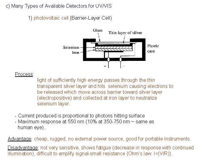 c) Many Types of Available Detectors for UV/VIS 1) photovoltaic cell (Barrier-Layer Cell) Process: