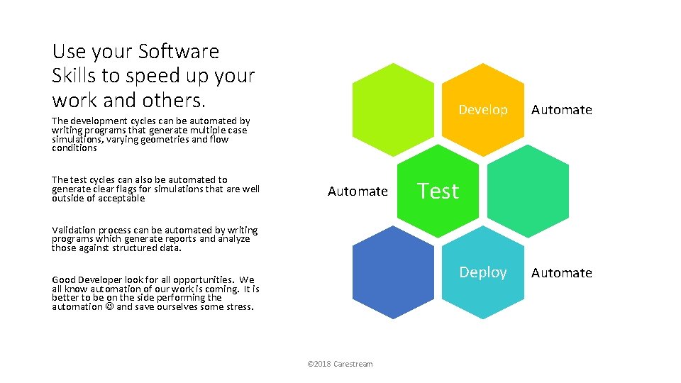 Use your Software Skills to speed up your work and others. Develop The development
