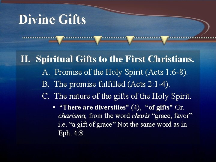 Divine Gifts II. Spiritual Gifts to the First Christians. A. Promise of the Holy