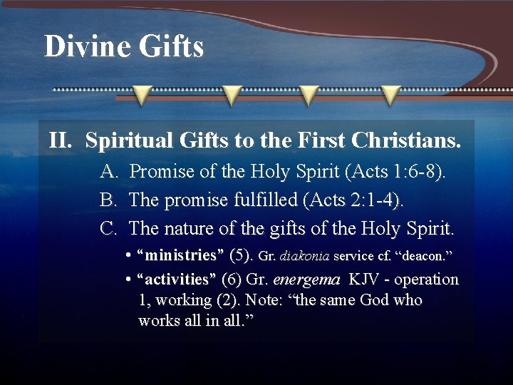 Divine Gifts II. Spiritual Gifts to the First Christians. A. Promise of the Holy