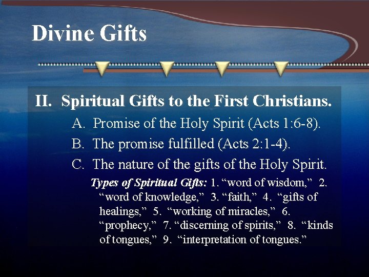 Divine Gifts II. Spiritual Gifts to the First Christians. A. Promise of the Holy