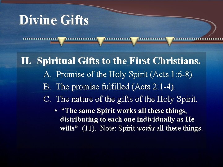 Divine Gifts II. Spiritual Gifts to the First Christians. A. Promise of the Holy
