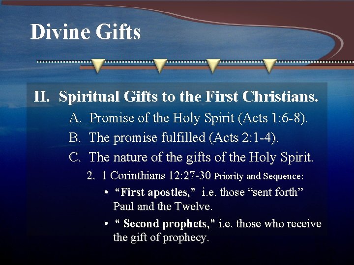 Divine Gifts II. Spiritual Gifts to the First Christians. A. Promise of the Holy