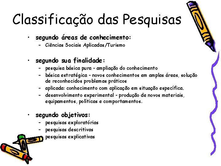 Classificação das Pesquisas • segundo áreas de conhecimento: – Ciências Sociais Aplicadas/Turismo • segundo