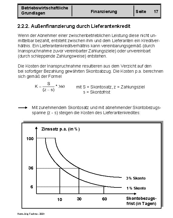 Betriebswirtschaftliche Grundlagen Finanzierung Seite 17 2. 2. 2. Außenfinanzierung durch Lieferantenkredit Wenn der Abnehmer