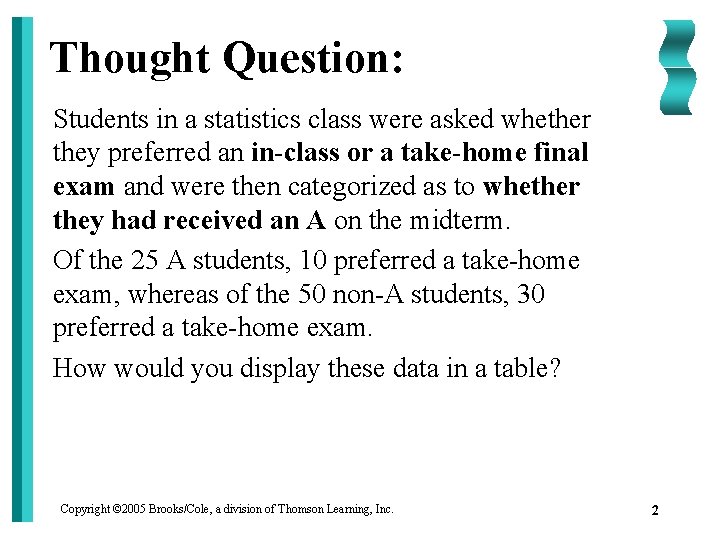 Thought Question: Students in a statistics class were asked whether they preferred an in-class