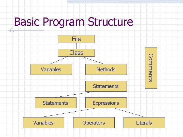 Basic Program Structure File Variables Methods Comments Class Statements Variables Expressions Operators Literals 