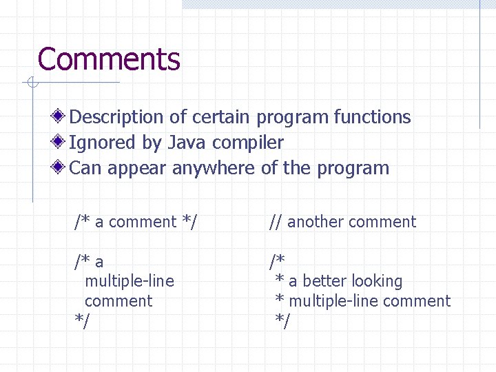Comments Description of certain program functions Ignored by Java compiler Can appear anywhere of