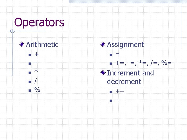 Operators Arithmetic n n n + * / % Assignment n n = +=,