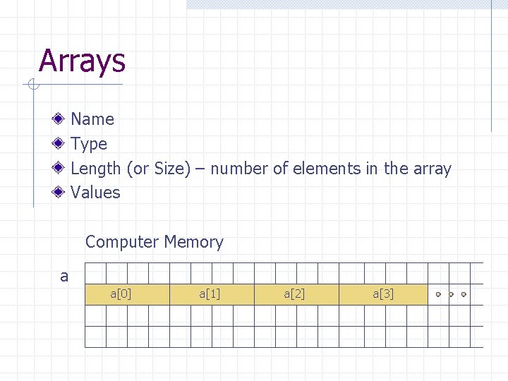 Arrays Name Type Length (or Size) – number of elements in the array Values