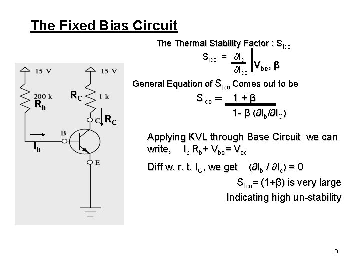 The Fixed Bias Circuit Thermal Stability Factor : SIco = ∂Ic ∂Ico Vbe, β