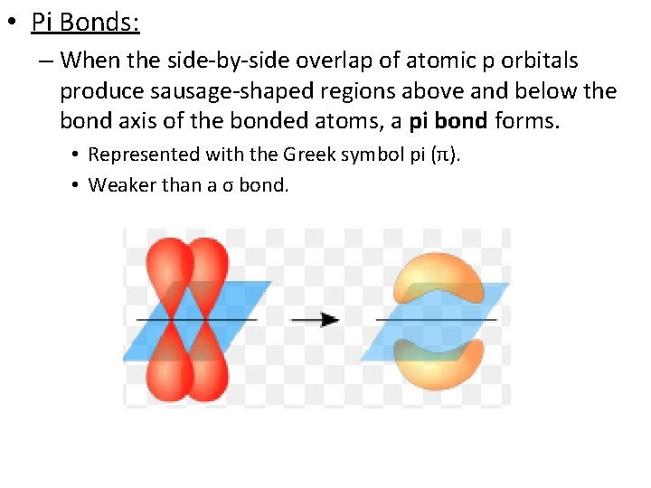  • Pi Bonds: – When the side-by-side overlap of atomic p orbitals produce