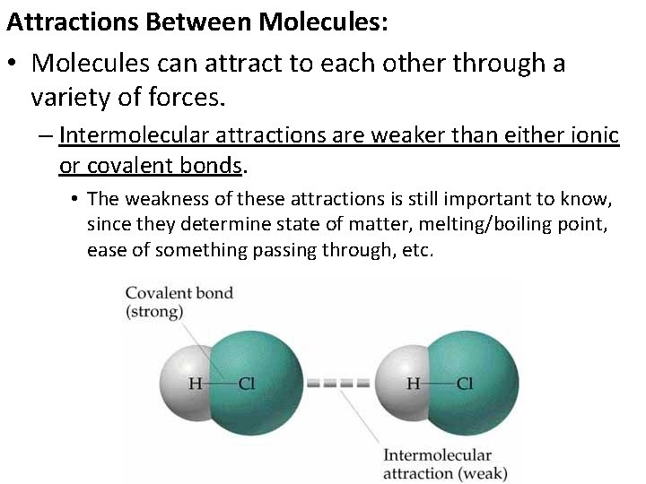 Attractions Between Molecules: • Molecules can attract to each other through a variety of