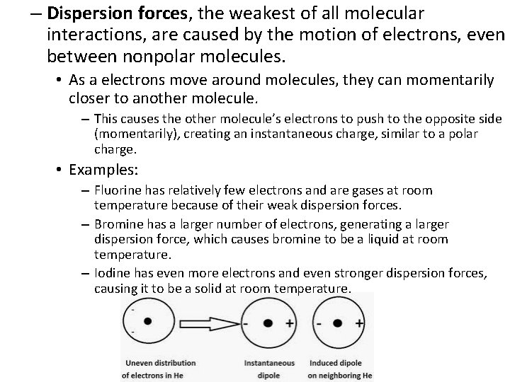 – Dispersion forces, the weakest of all molecular interactions, are caused by the motion
