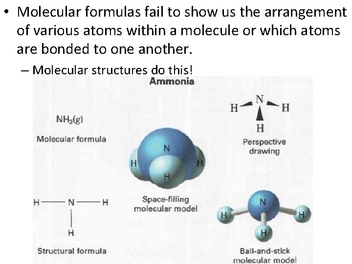  • Molecular formulas fail to show us the arrangement of various atoms within