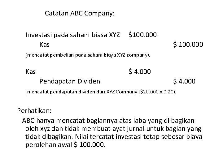 Catatan ABC Company: Investasi pada saham biasa XYZ Kas $100. 000 $ 100. 000 Catatan ABC Company: Investasi pada saham biasa XYZ Kas $100. 000 $ 100. 000