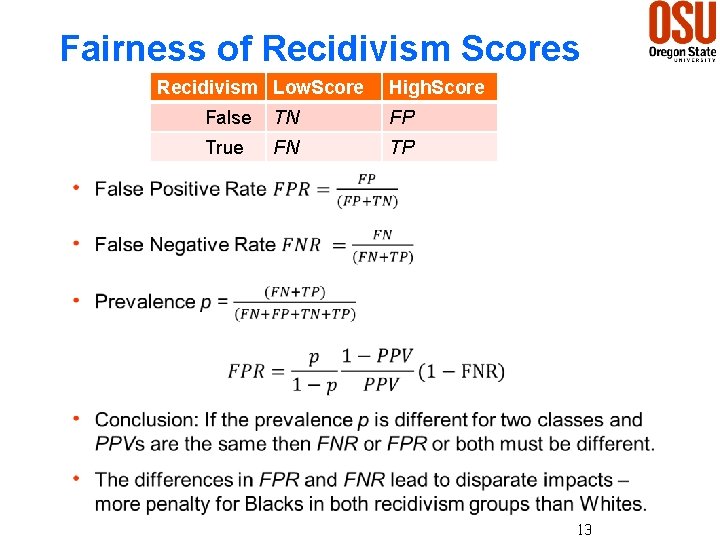 Fairness of Recidivism Scores Recidivism Low. Score High. Score False TN FP True FN